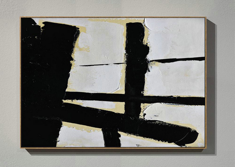 Acrylic Painting On Canvas,Horizontal Palette Knife Minimal Canvas Art Painting Black White Beige - Huge Abstract Canvas Art